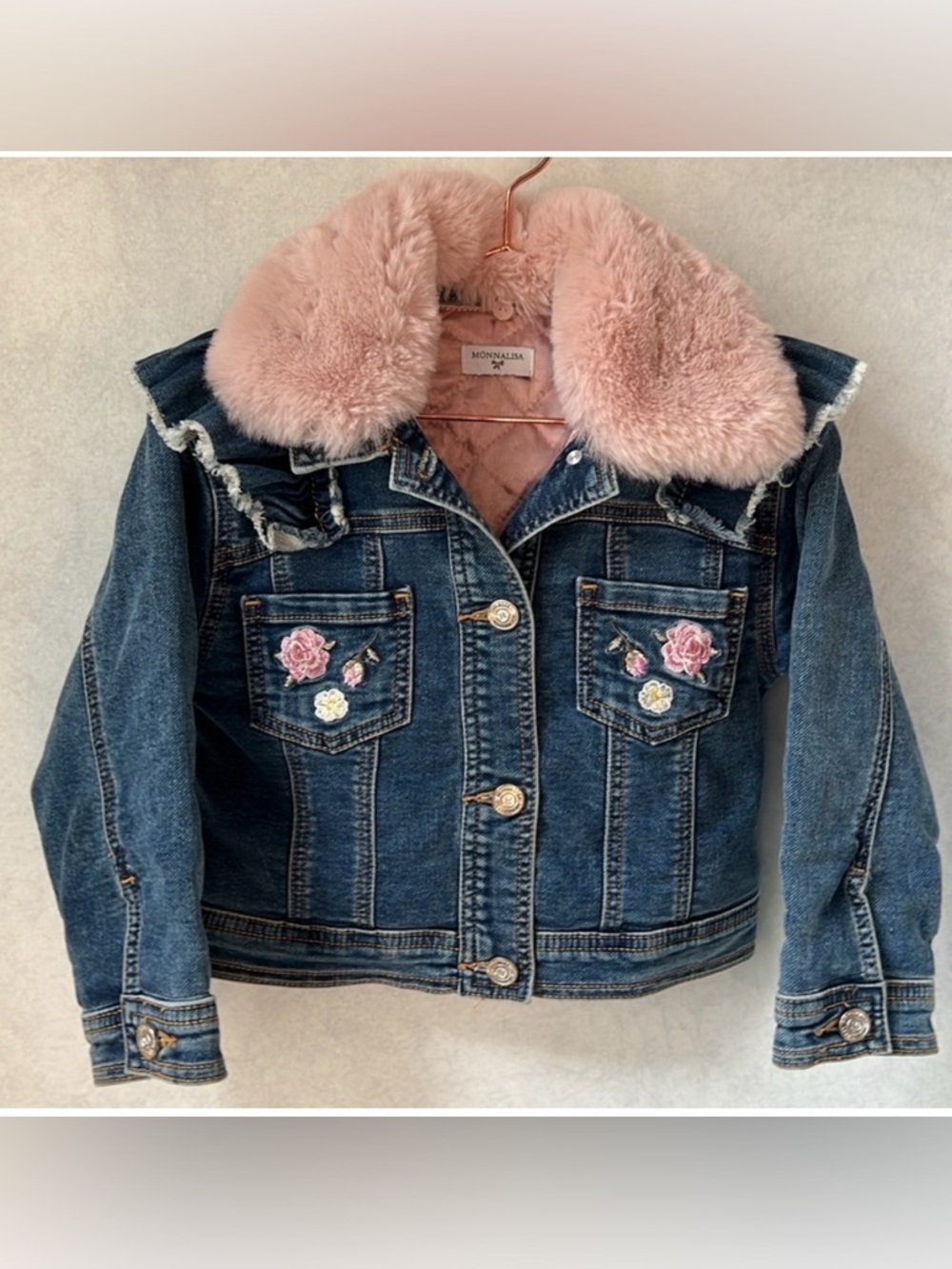 Monnalisa Blue Denim Jacket with Pink Fur Collar Sz 6 floral embroidery